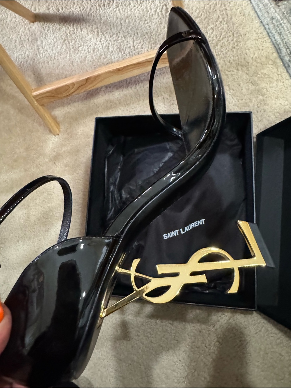 Saint Laurent Black Patent Heels with Gold YSL Logo Heel